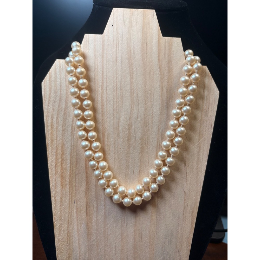 Vintage Double Strand Cream Pearl Necklace Gold Tone Floral Clasp Rhinestone
